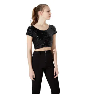Side profile showing the sparkling black sequined crop top for stylish women party wear