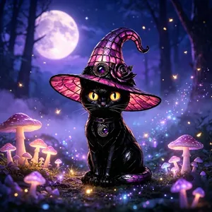 Gothic resin black cat figurine wearing a purple witch hat for Halloween decoration