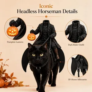 Detail view of Halloween headless horseman pet costume with pumpkin lantern and 3D rider.