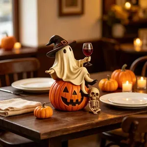 Détail d'une figurine de fantôme d'Halloween avec verre à vin assise sur une citrouille