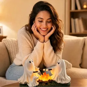 Ghost Campfire Night Light Halloween Decoration Cute Resin LED Statue Roasting Marshmallow Table Ornament Atmosphere Lamp