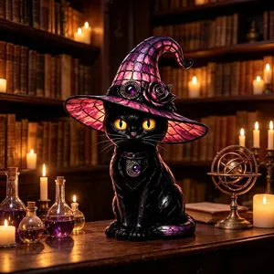 Gothic black cat statue wearing witch hat resin Halloween night light ornament