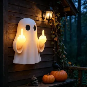 Funny Halloween ghost wall lamp with middle finger gesture for outdoor garden atmosphere.