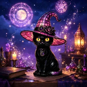 Gothic resin black cat night light with purple witch hat ornament for Halloween decor