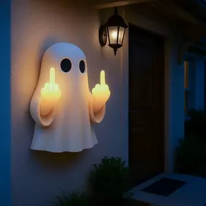 Funny glowing Halloween ghost wall lamp with middle finger gesture for outdoor decor