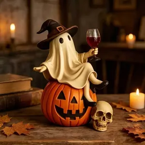 Statue de Fantôme d'Halloween avec Verre de Vin Figurine de Citrouille en Résine Chapeau de Sorcière Décoration de Maison