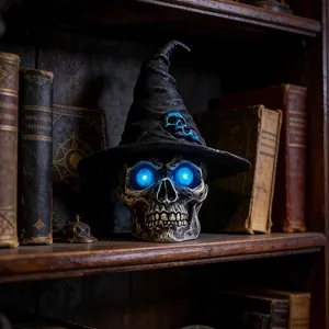 Resin Gothic Halloween skull night light wearing a witch hat with glowing blue eyes decor