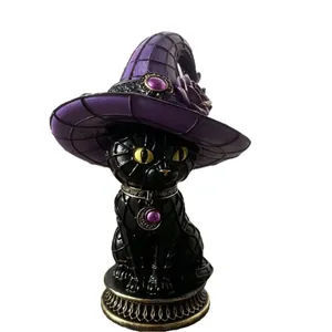 Gothic resin black cat figurine wearing purple witch hat for Halloween decor lamp