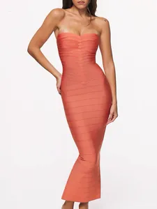 Robe mi-longue bandage bustier orange corail élégante avec une coupe moulante sexy