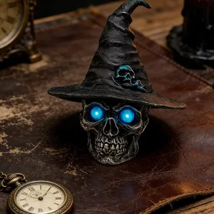Gothic resin skull wearing a witch hat night light for creative Halloween home decor