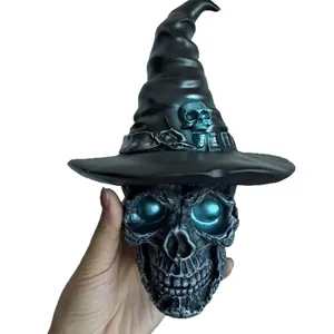 Gothic resin skull wearing a witch hat night light for creative Halloween home desktop decor