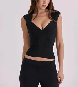Débardeur sexy femme col en V profond sans manches en maille bandage noire ajustée