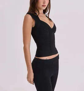 Vue détaillée d'un haut bandage noir sexy sans manches avec col en V profond pour femme
