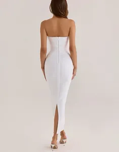 Élégante robe midi bandage blanche bustier moulante avec fermeture éclair et fente arrière