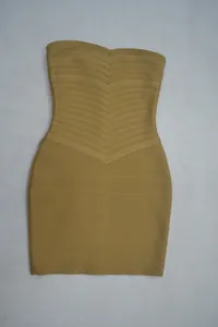 Robe mini bandage moulante sans bretelles jaune moutarde avec corsage à chevrons