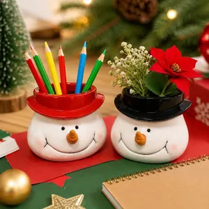 Festive Christmas snowman ceramic pen holder and flower pot set for desk organization