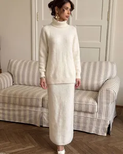 Elegant cream white wool blend turtleneck knit sweater and long skirt set for winter