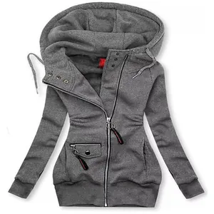 Close-up of grey slim-fit hoodie featuring asymmetrical zipper and drawstring hood