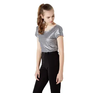 Detailed view of a stylish silver sequin short sleeve crop top with shimmering texture.