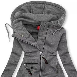 Close-up of gray hooded sweatshirt with side zipper and striped drawstrings.