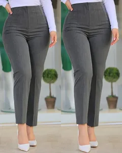 Side-by-side view of grey high-waisted cropped suit pants with slim fit details