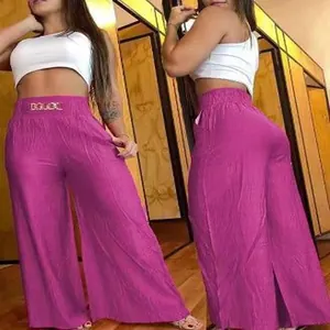 Pantalon taille haute à jambes larges fuchsia avec coupe ample et détail vue arrière