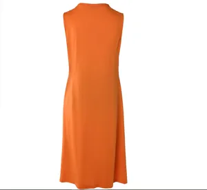 Back view of a vibrant orange sleeveless midi dress featuring a simple round neckline