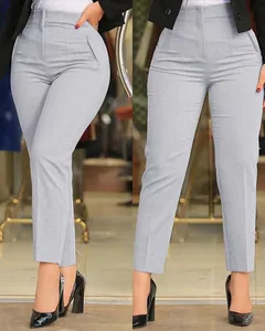 High-waisted slim fit grey suit cropped trousers for professional women's career wear