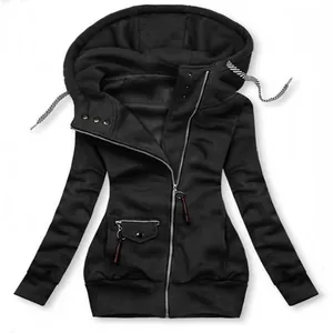 Front view of black slim-fit hoodie with asymmetrical zipper and striped drawstrings
