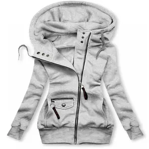Detailed view of grey slim fit zip-up hooded sweatshirt with asymmetric zipper design