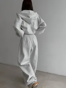 Achteraanzicht van een grijze oversized joggingpak met capuchon voor dames set