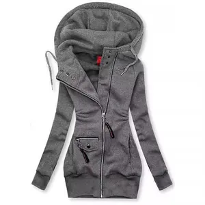 Women's slim-fit dark grey hooded jacket featuring an asymmetrical front zipper closure