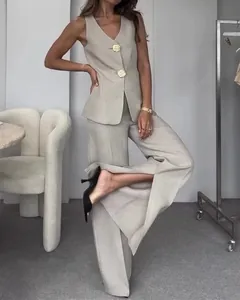 Elegant beige V-neck sleeveless vest and high-waist wide-leg pants set for women.