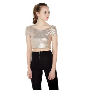 Elegant rose gold sequin crop top for women featuring short sleeves and a scoop neckline