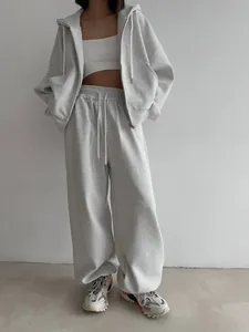 Oversized grijze hoodie met rits en bijpassende joggingbroek met wijde pijpen voor dames set