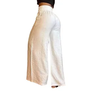Pantalon large à pattes d'eph blanc pour femme avec taille haute élastique élégante