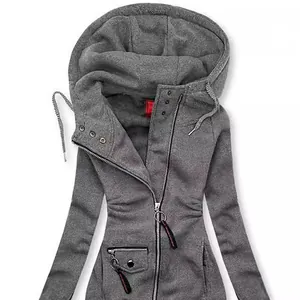 Stylish slim fit grey drawstring hooded jacket featuring a high neck and side zipper