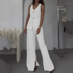 Elegant white two-piece set with sleeveless V-neck vest and high-waisted wide-leg trousers