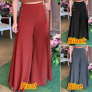 Women High Waist Wide Leg Pants Button Decor Elastic Waist Polyester Acrylic Summer Casual Long Trousers