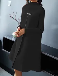 Elegant high-neck long-sleeve black dress with sophisticated silver buckle detail and drape