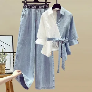 Completo da Donna con Camicia Patchwork e Jeans a Gamba Larga Finto Due Pezzi Top And Bottom Taglie Forti