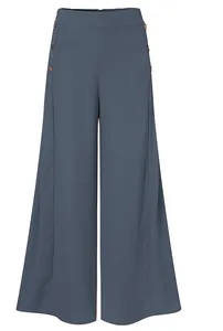 Detail view of stylish blue-grey high-waisted wide-leg trousers with side buttons