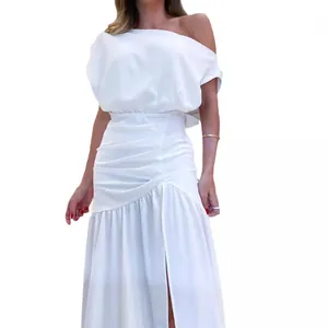 Elegant one-shoulder white maxi dress with ruched waist and side slit for vacation.