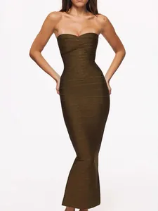 Robe Midi Bandage Sexy Sans Bretelles Pour Femmes Robe Bodycon Sans Manches Taille Haute Avec Fermeture Éclair Au Dos Tenue De Soirée Cocktail Club
