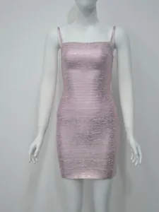 Robe de soirée moulante dorée à fines bretelles et effet bandage pour femme sexy