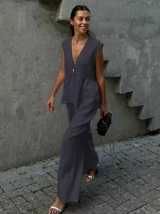 Elegant dark grey sleeveless V-neck vest and wide-leg trousers two-piece set