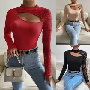 Detailed view of sexy mock neck tops with lace sleeves and asymmetrical cutouts.