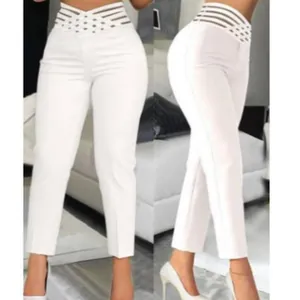 Pantalon Crayon à Taille Haute Ajouré pour Femmes Pantalon Court Slim Décontracté Couleur Unie Streetwear Sexy