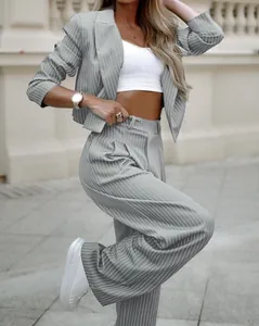 Detailed view of grey pinstriped cropped blazer and wide-leg trousers fashion set