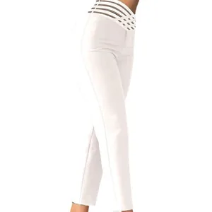 Pantalon crayon blanc taille haute élégant avec ceinture en sangle ajourée pour femmes chic